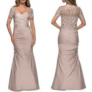La Femme Elegant Lace Maxi Dress in Beige
